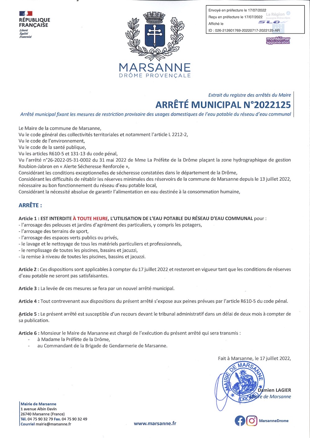 Marsanne Arrêté municipal fixant les mesures de restriction provisoire des usages domestiques de l’eau potable du réseau d’eau communal