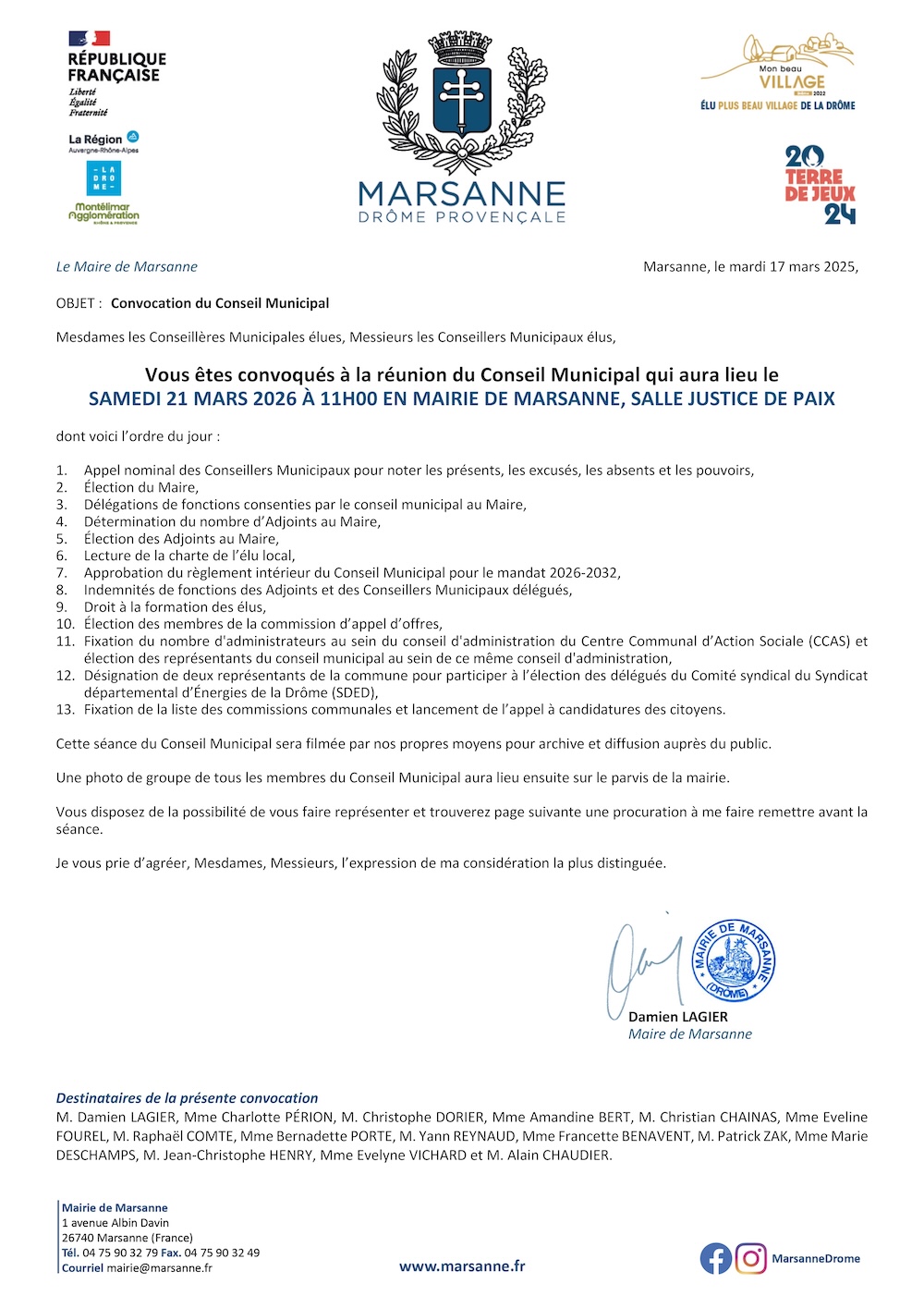 Conseil Municipal d'installation de Marsanne le samedi 21 mars 2026 à 11h