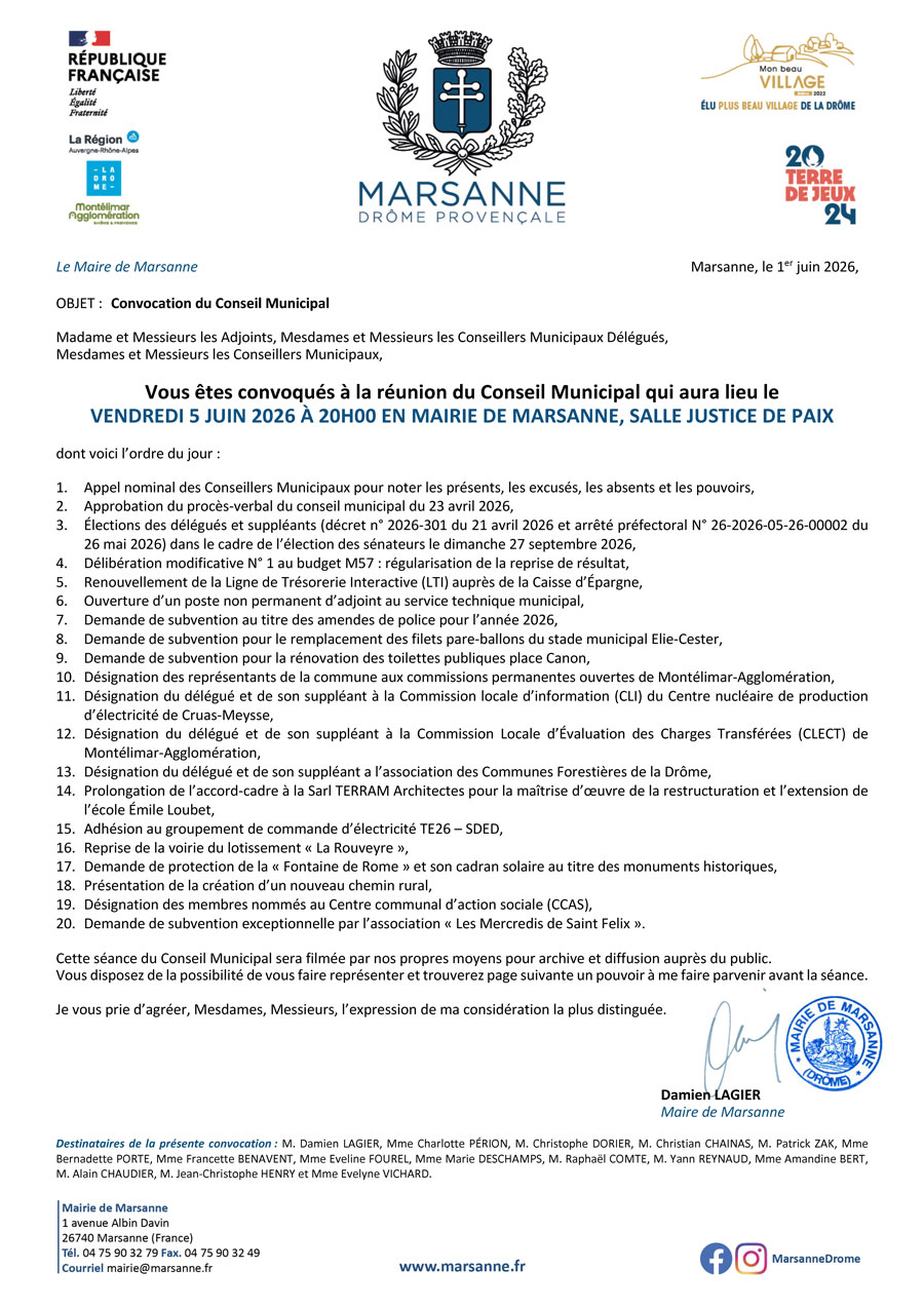 Marsanne Conseil Municipal 5 juin 2026 