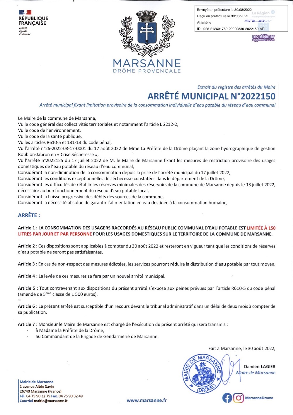 20220830 MARSANNE ARRETE RESTRICTION 150L EAU